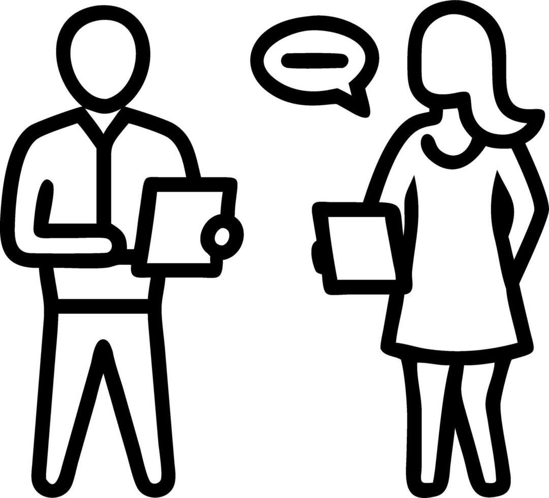 Happy professional smiling businessman and businesswoman having conversation at work executives team of two business people working talking using laptop technology standing in corp Set 7 vector