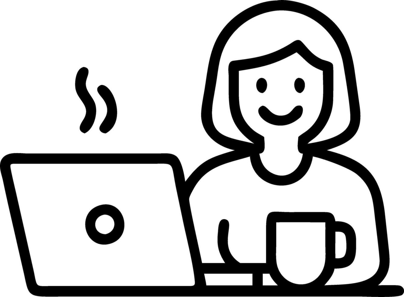 Happy mature woman sitting at home office table drinking coffee looking at laptop Smiling relaxed middle aged older lady hybrid working on computer watching elearning webinar in m Set 5 vector