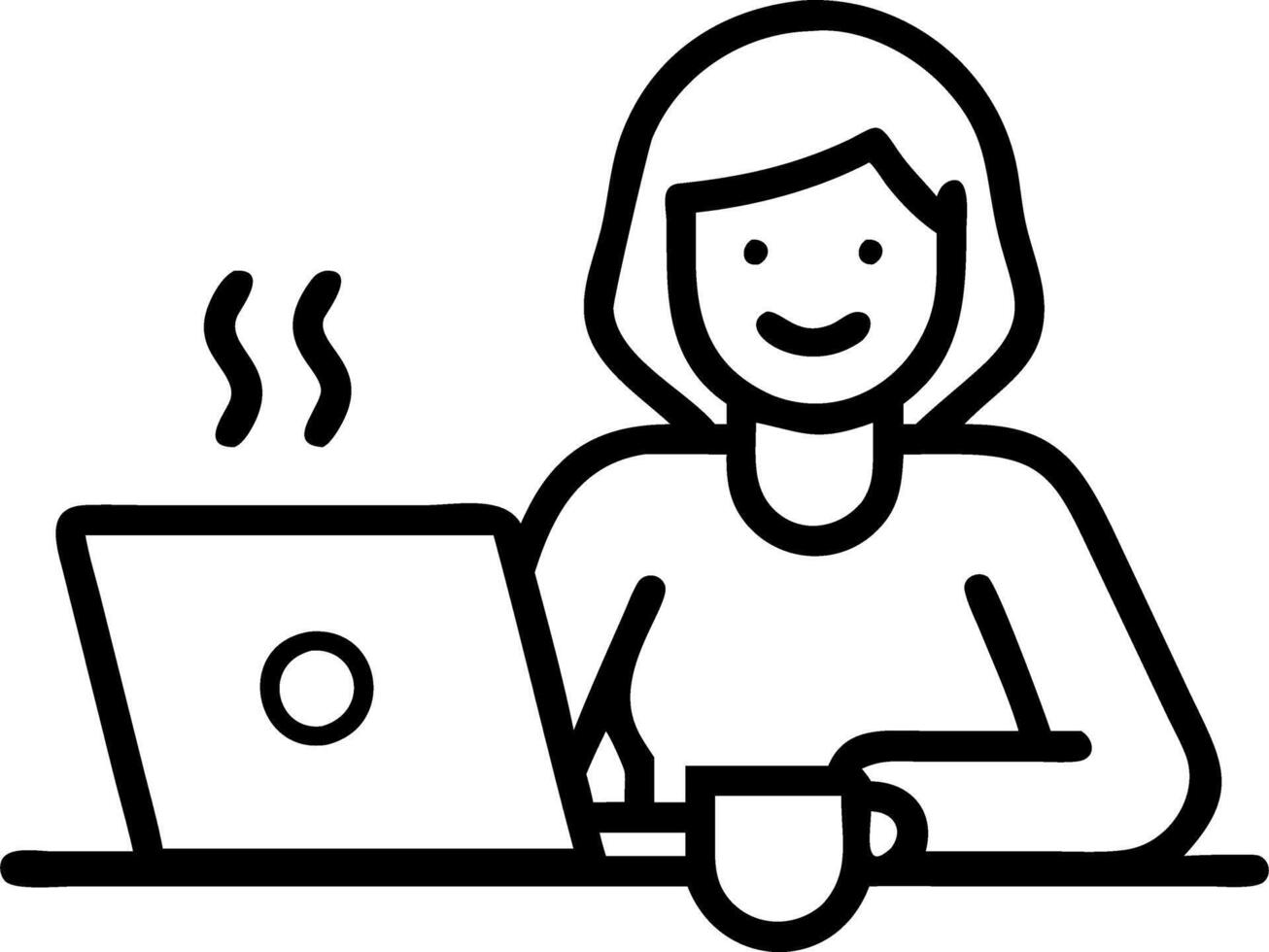 Happy mature woman sitting at home office table drinking coffee looking at laptop Smiling relaxed middle aged older lady hybrid working on computer watching elearning webinar in m Set 6 vector