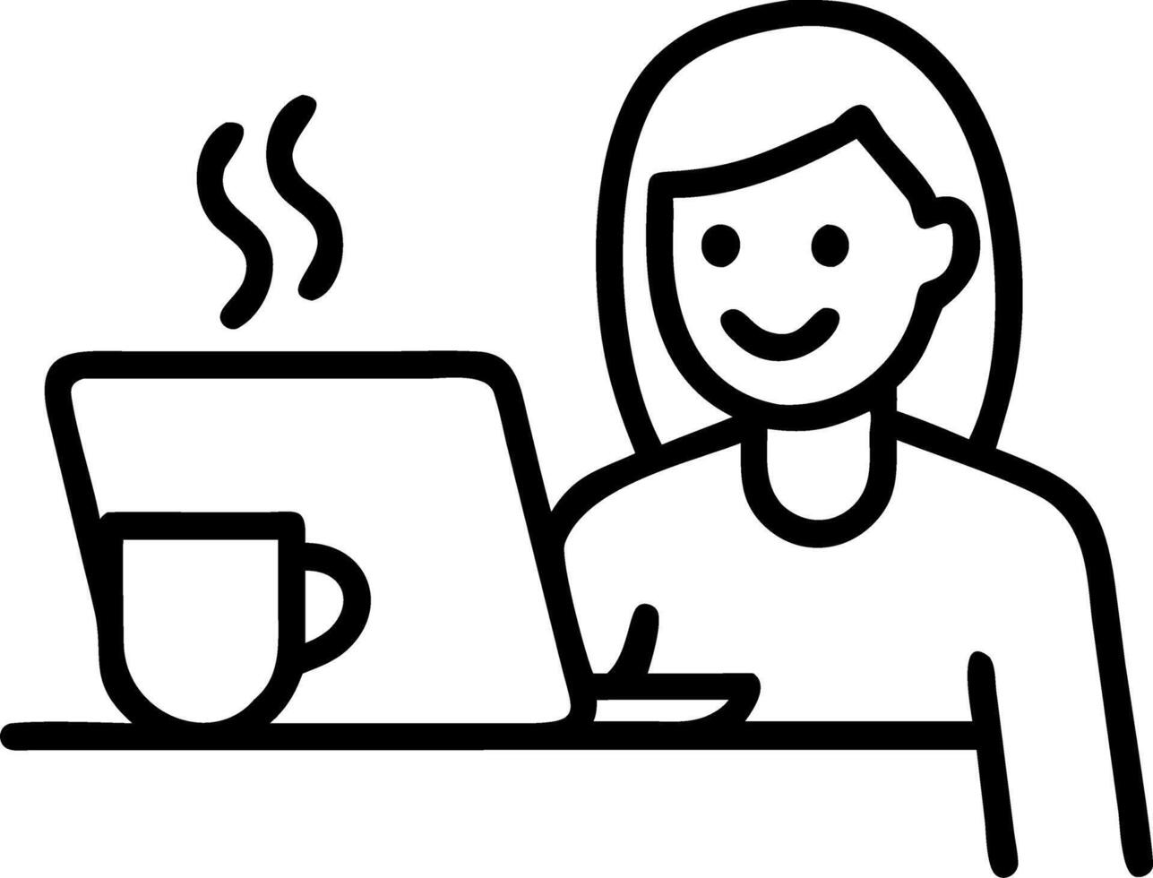 Happy mature woman sitting at home office table drinking coffee looking at laptop Smiling relaxed middle aged older lady hybrid working on computer watching elearning webinar in m vector