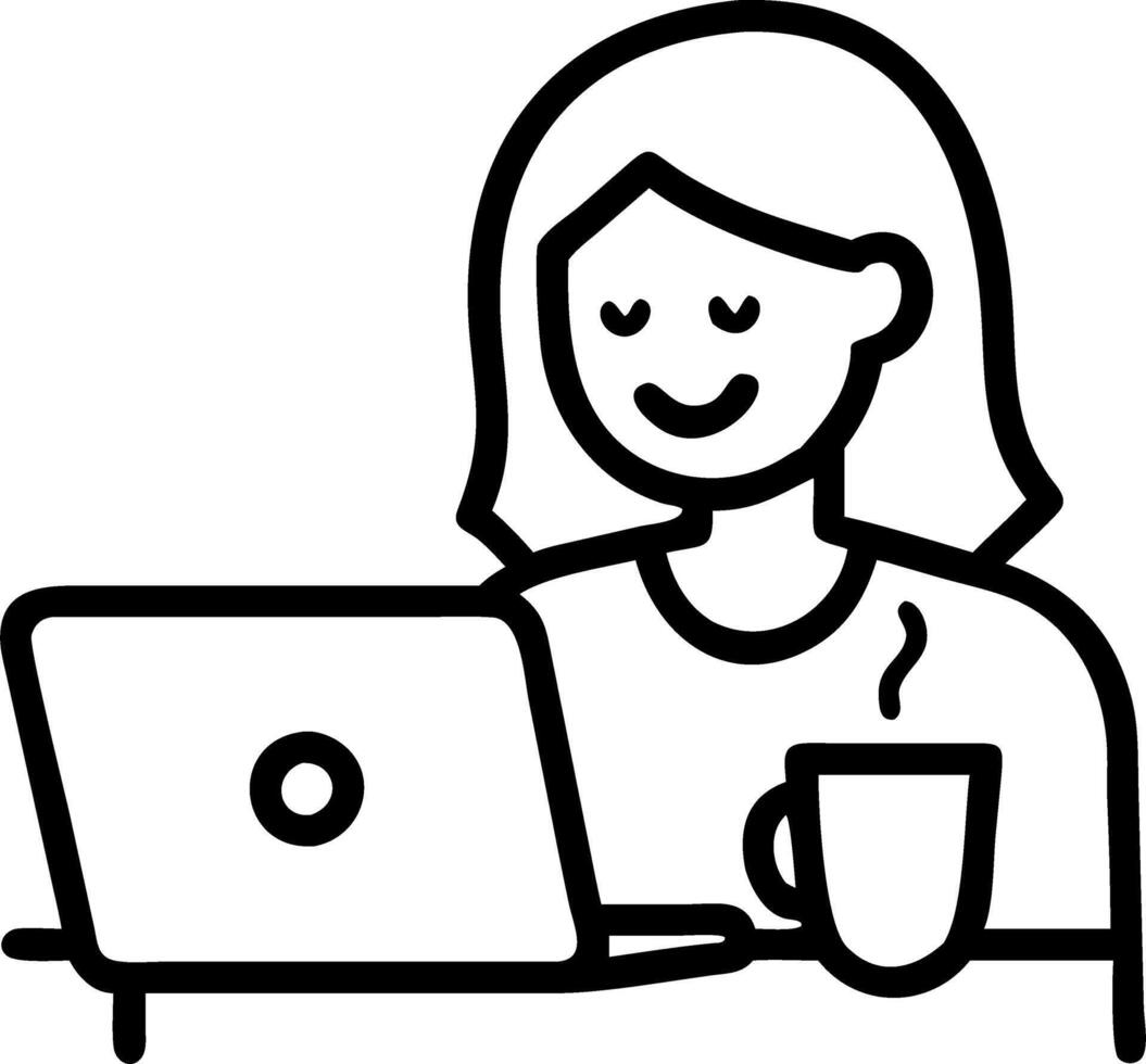 Happy mature woman sitting at home office table drinking coffee looking at laptop Smiling relaxed middle aged older lady hybrid working on computer watching elearning webinar in m Set 2 vector