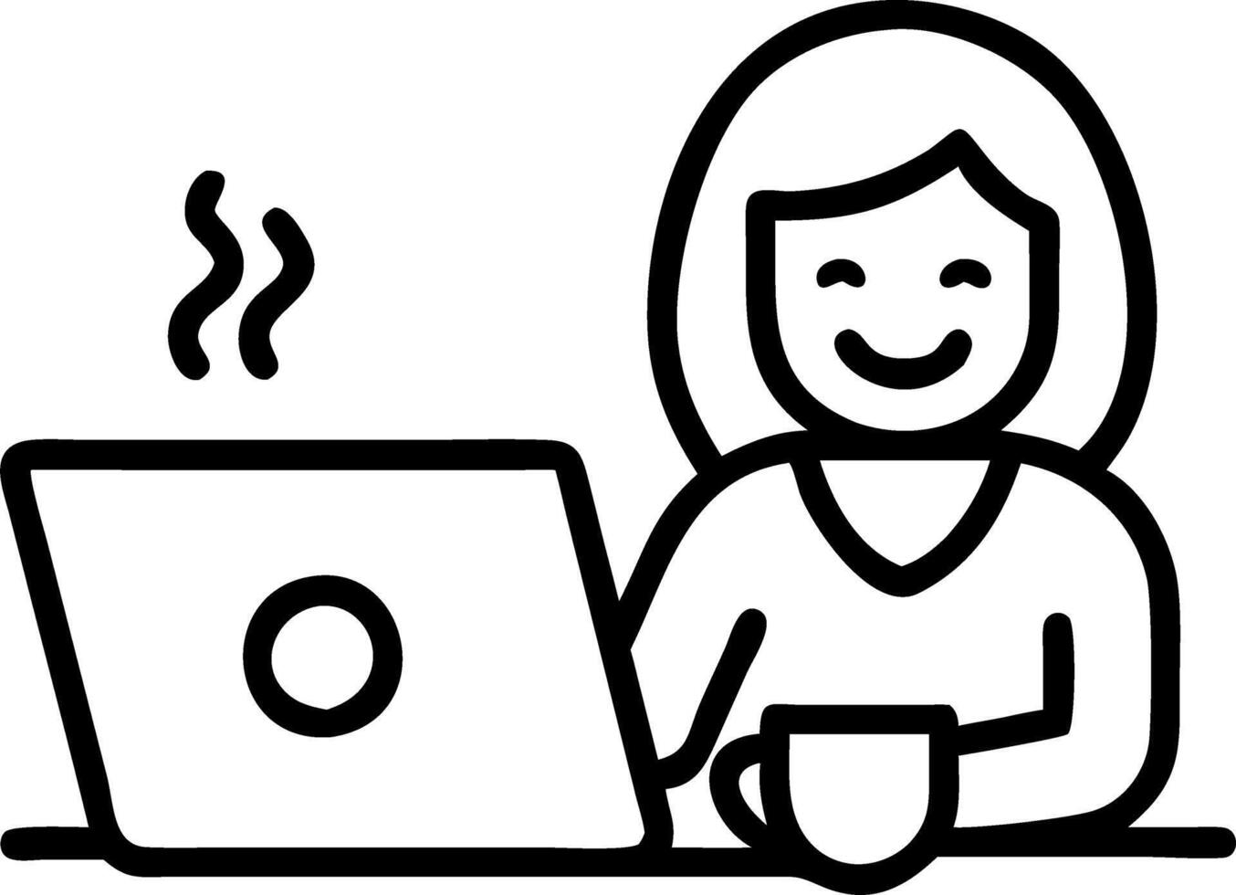 Happy mature woman sitting at home office table drinking coffee looking at laptop Smiling relaxed middle aged older lady hybrid working on computer watching elearning webinar in m Set 4 vector