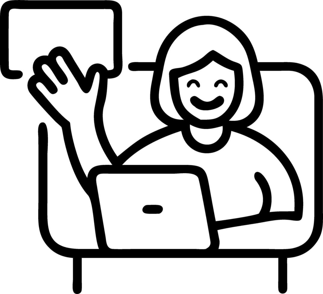 Happy 60s mature older woman waves hand while holding digital tablet participating in conference call with virtual family through online chat meeting sitting on couch at home vector