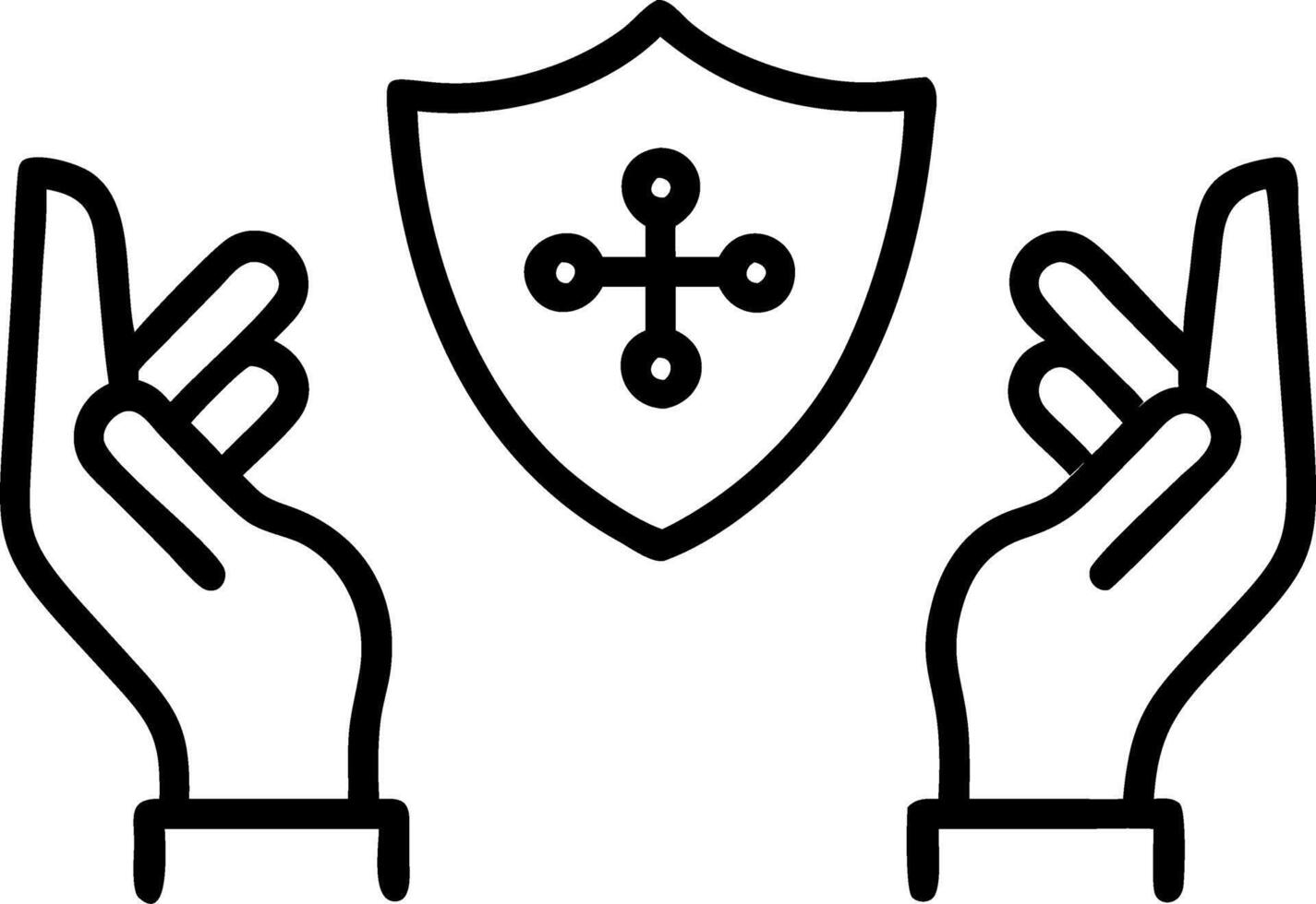 Hands managing glowing shield icons in digital space representing cyber protection and data security protocols vector