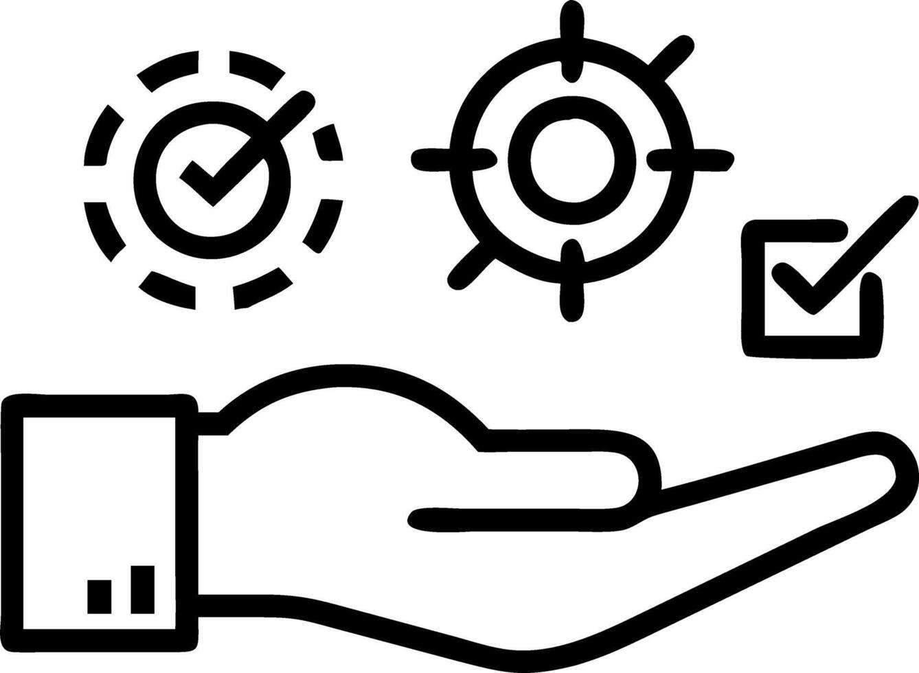 Hand using holographic business strategy interface displaying target check marks quality management icons in empty space vector