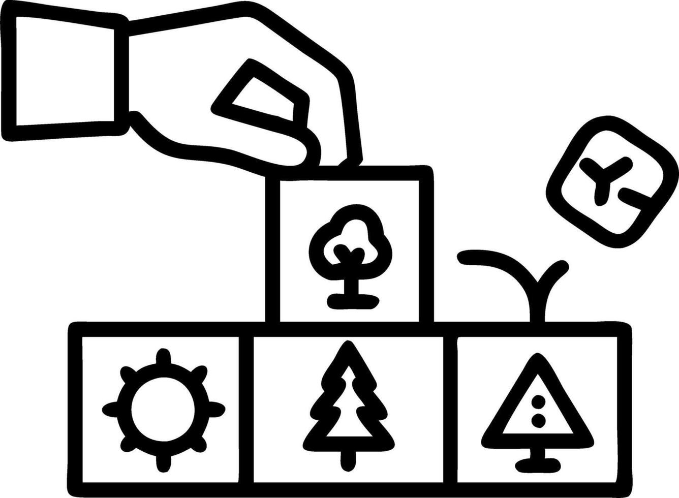 Hand stacking wooden blocks with icons like trees recycling and gears representing sustainability blocks in a creative workspace vector