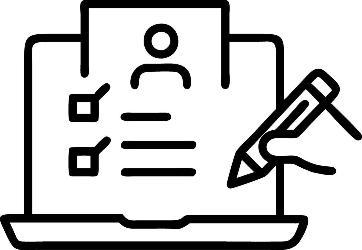 Hand signing holographic e document employee evaluation form on laptop with HR icons in empty space vector