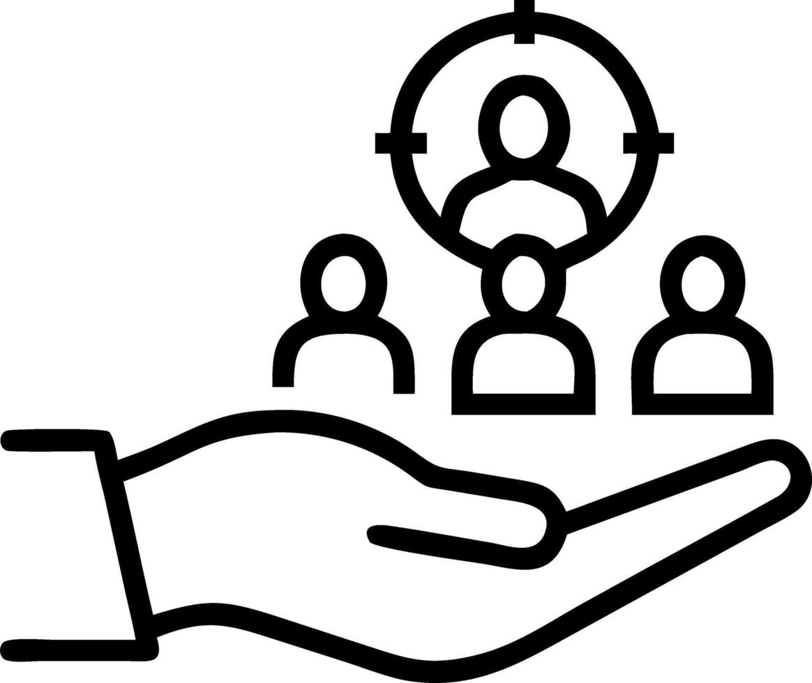 Hand presenting holographic recruitment target with group of people symbolizing talent acquisition candidate selection skill assessment hiring strategy in empty space vector