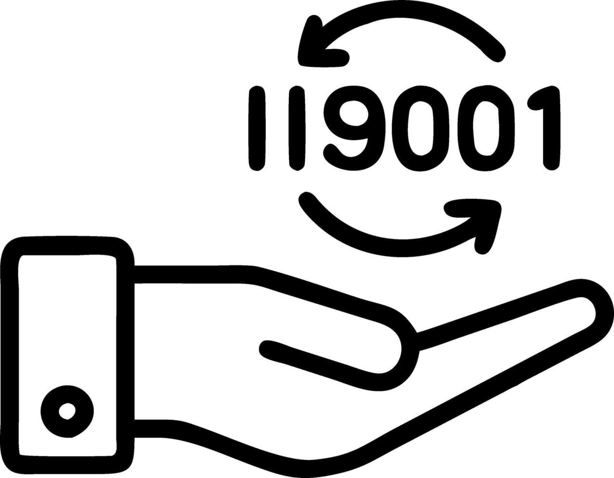 Hand interacting with holographic ISO 9001 certification device showing quality management icons in empty space Set 2 vector