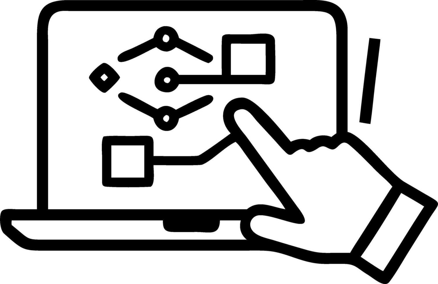 Hand interacting with holographic MES interface showing manufacturing automation industrial processes icons on laptop in empty space vector