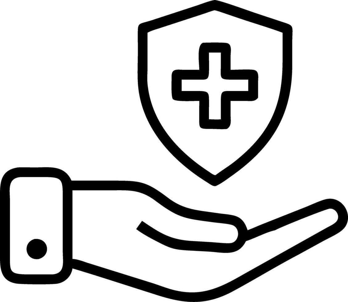Hand interacting with holographic Health Insurance interface displaying medical shield hospital doctor medicine emergency care icons representing quality medical services in empty vector