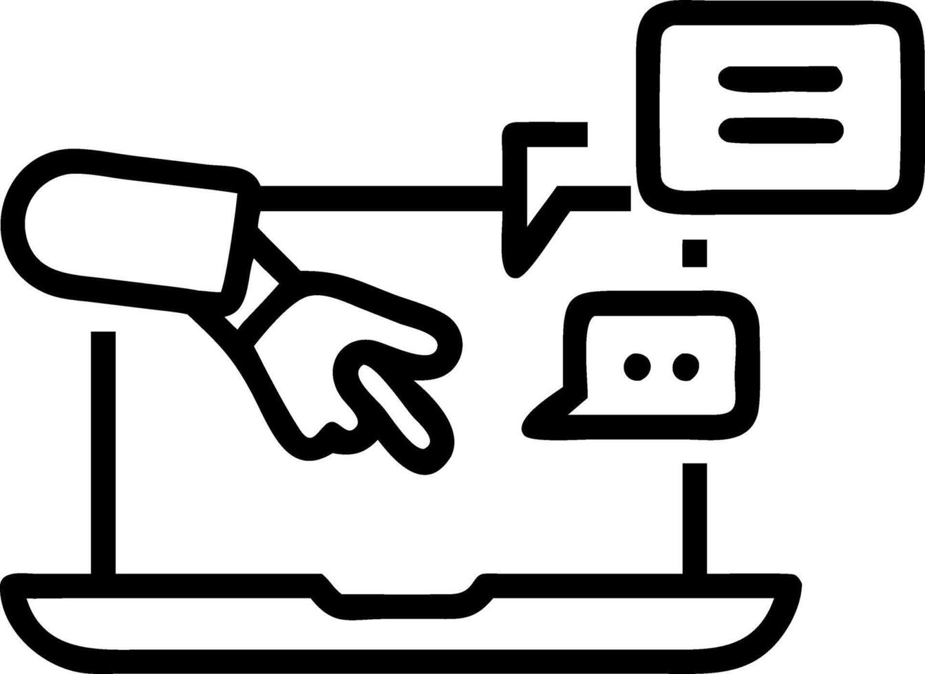 Hand interacting with holographic chatbot AI interface on laptop showing smart assistant icons in empty space Set 3 vector