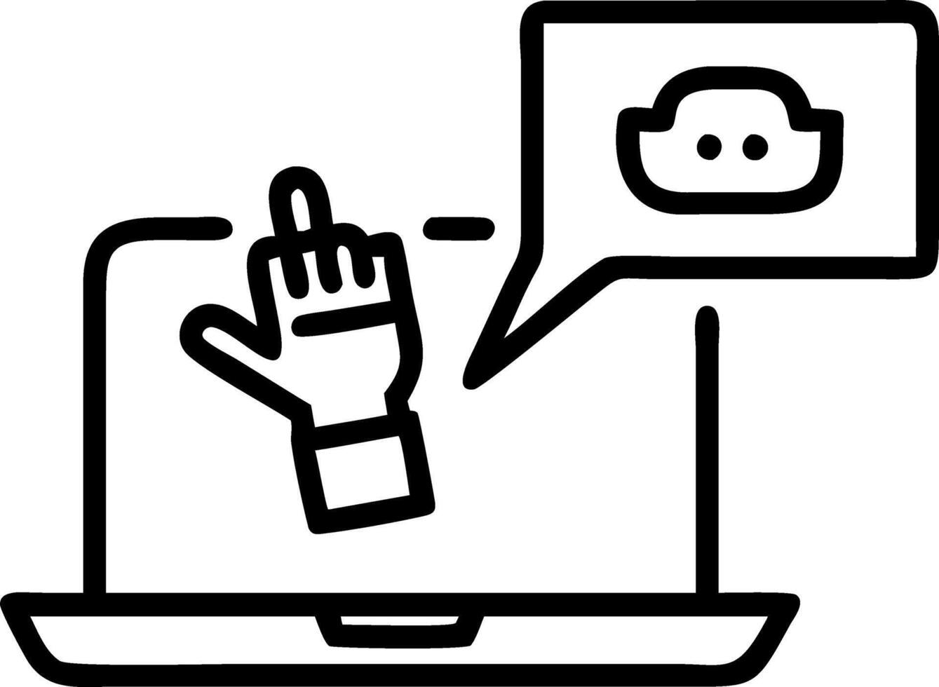 Hand interacting with holographic chatbot AI interface on laptop showing smart assistant icons in empty space Set 7 vector