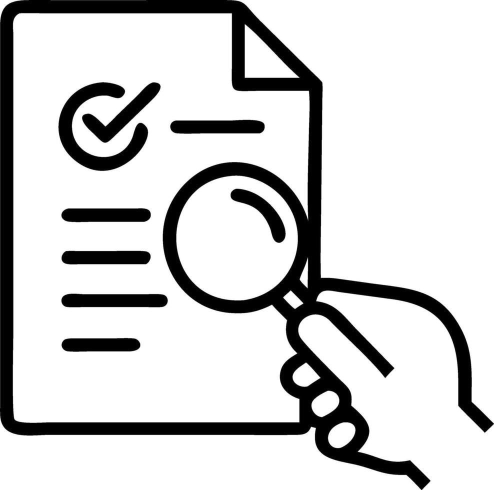 Hand holding magnifying glass over holographic document with checklist and certification icons representing document review and quality control in empty space vector