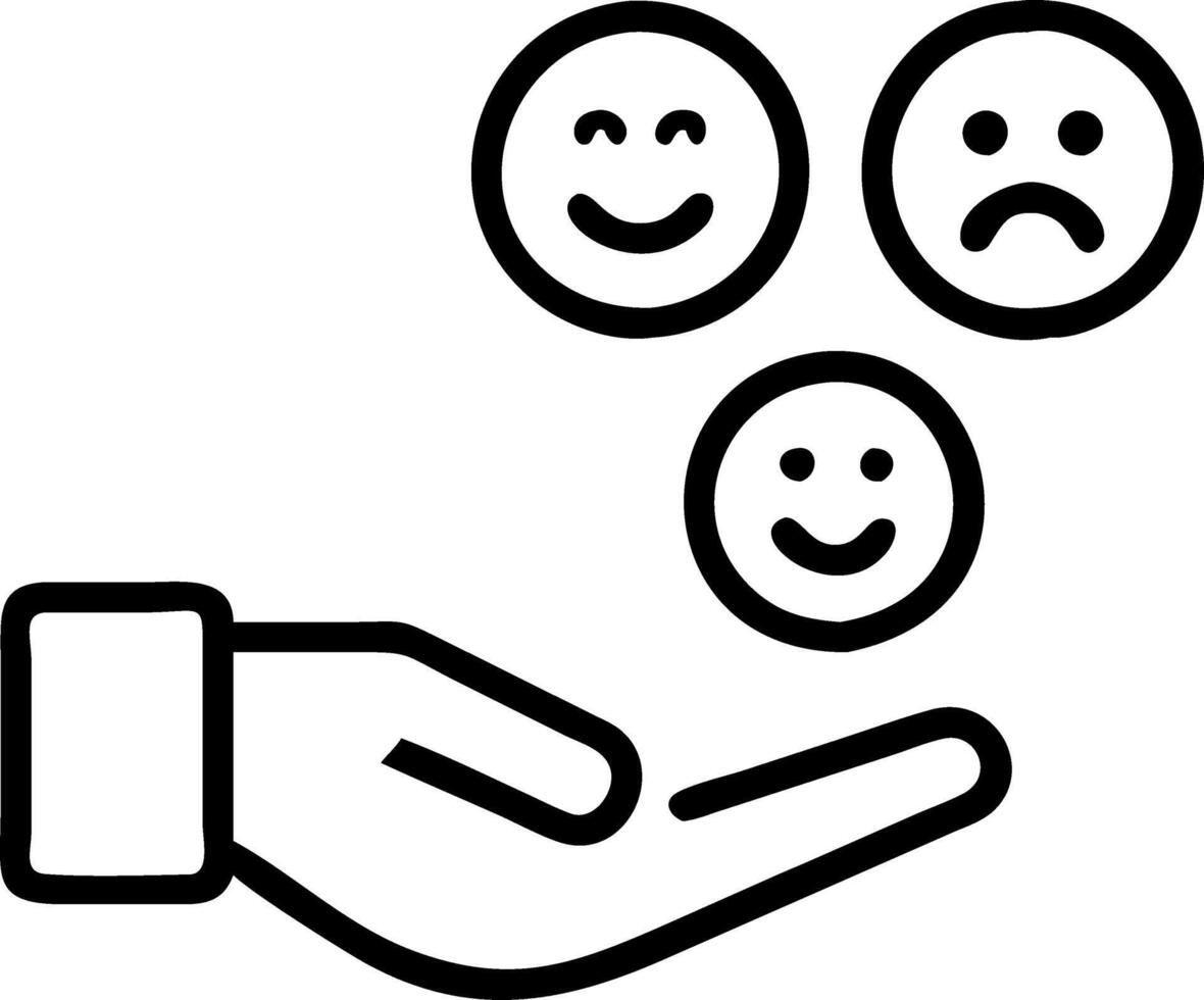 Hand holding holographic smiley faces and feedback survey icons illustrating customer feedback systems vector