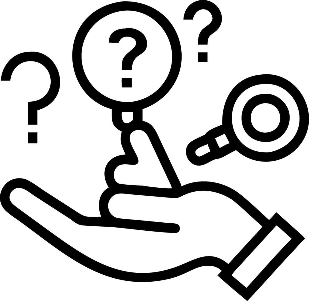 Hand holding holographic question mark with magnifying glass over large question mark surrounded by smaller ones symbolizing analysis and problem solving in empty space vector