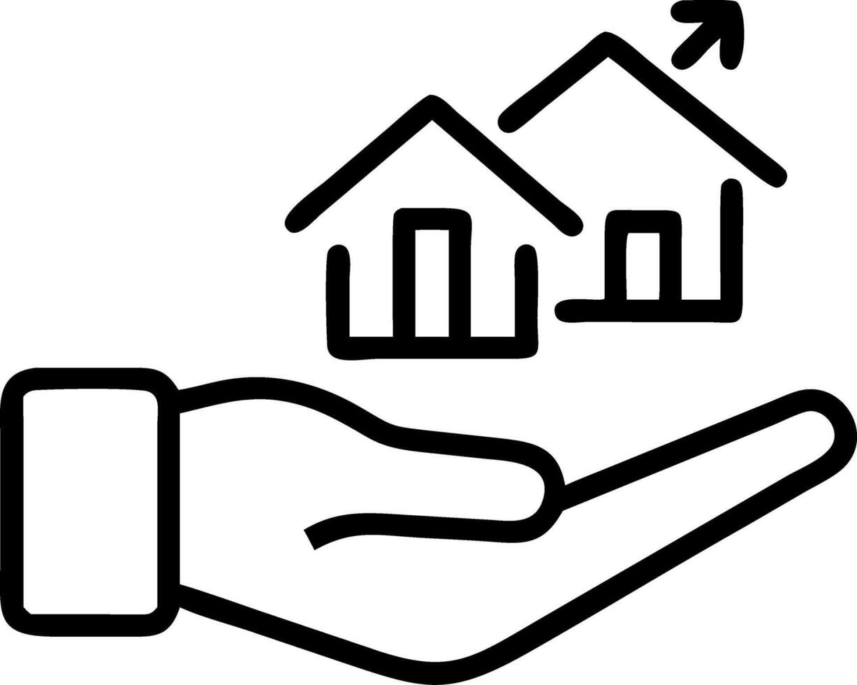 Hand holding holographic real estate investment device showing rising house prices interest rates mortgage icons in empty space Set 2 vector