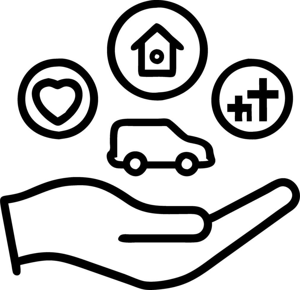 Hand holding holographic life insurance and family protection icons including car real estate travel health accident symbolizing comprehensive insurance coverage in empty space con Set 2 vector