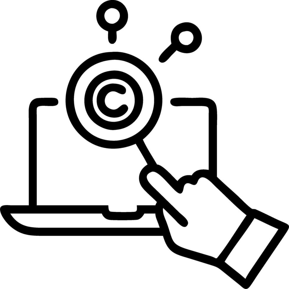 Hand holding holographic copyright symbol with legal icons and magnifying glass on laptop in empty space vector