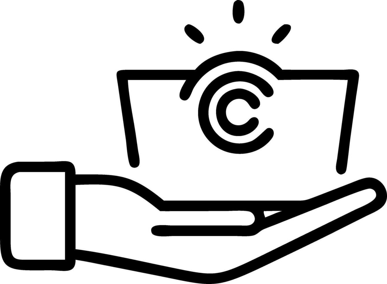 Hand holding holographic copyright device showing copyright patent legal protection icons on laptop in empty space vector