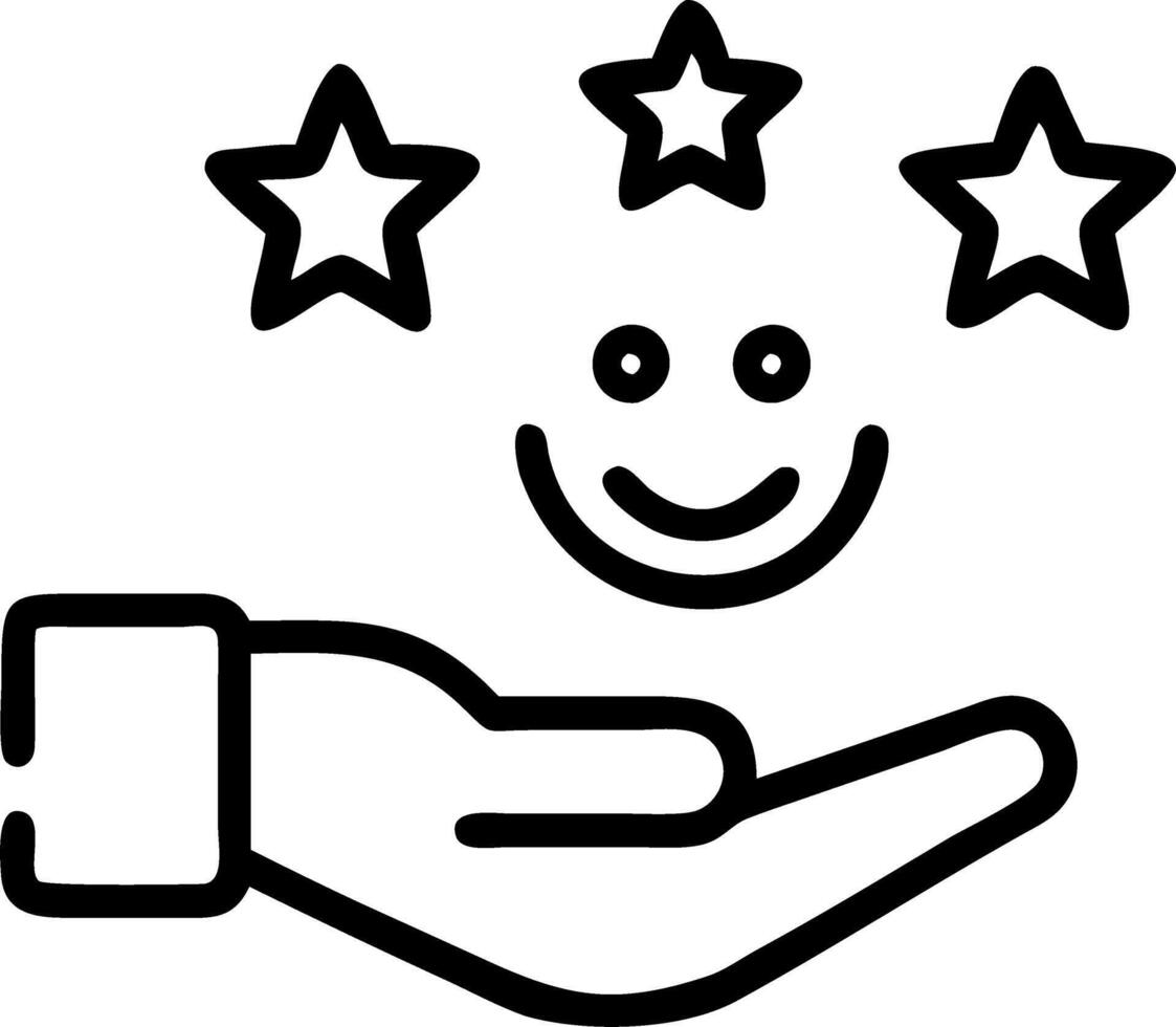 Hand holding glowing smiley face with stars indicating high customer satisfaction in digital smileys vector