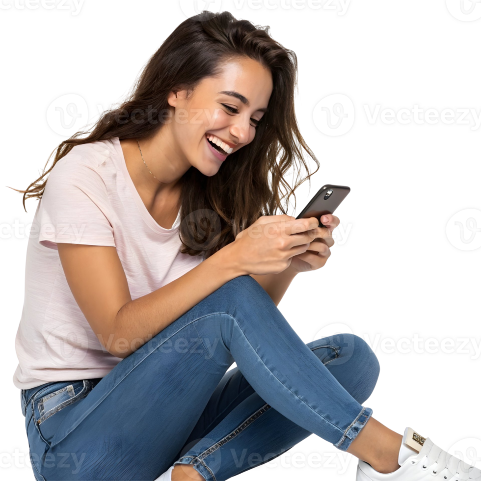 Young woman laughing and enjoying her smartphone while sitting in a relaxed pose, showcasing modern lifestyle png