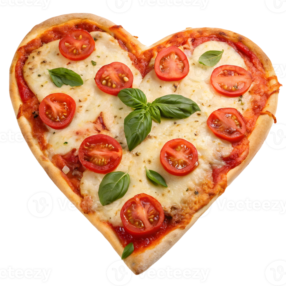 Heart-shaped pizza topped with fresh tomatoes and basil, perfect for a romantic dinner or celebration png