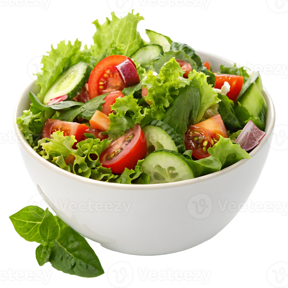 Fresh garden salad with a variety of vegetables served in a white bowl on a clean background png