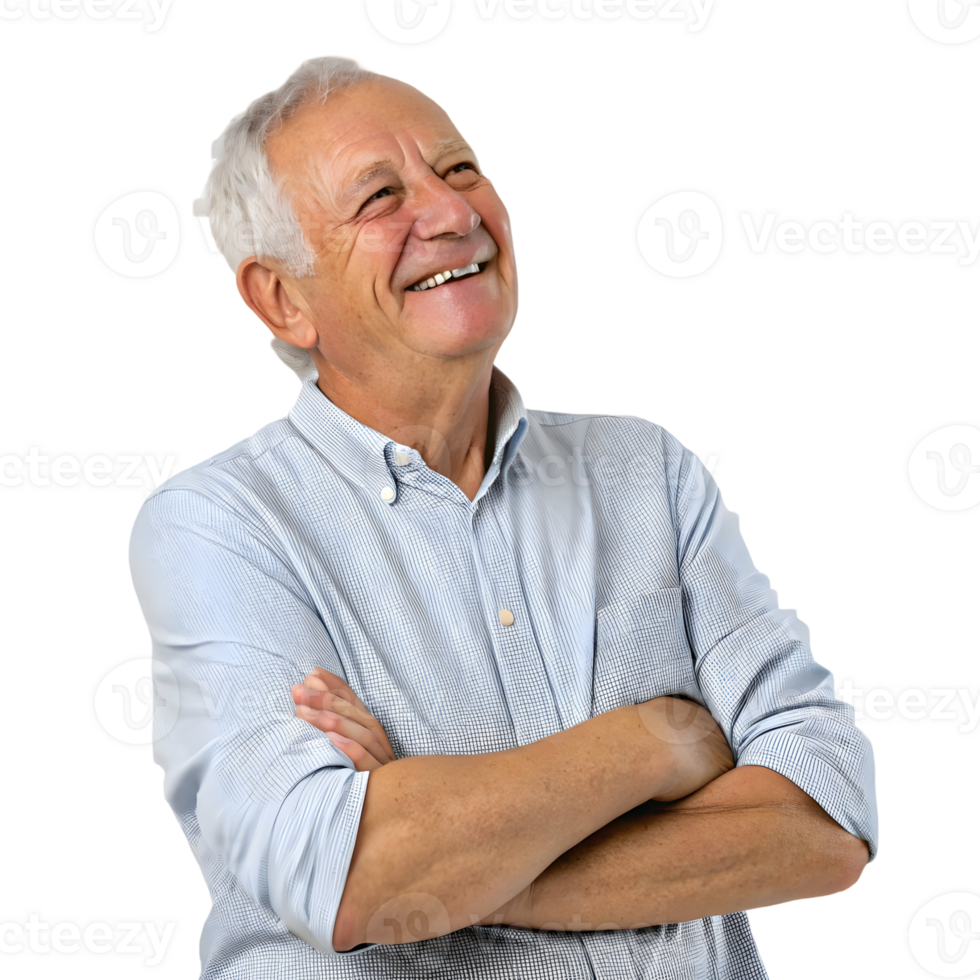 Senior man smiling with arms crossed, expressing joy and contentment in a cheerful moment indoors png