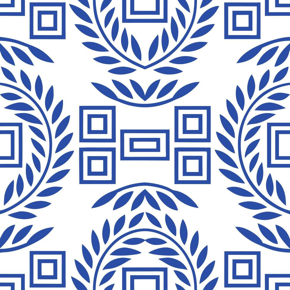 Greek key patterns and olive branches seamless tile design with classic white and blue tones Set 2 vector