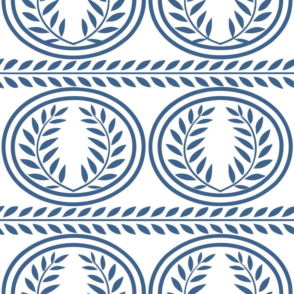 Greek meander patterns and olive branches seamless tile pattern with classic blue and white tones vector