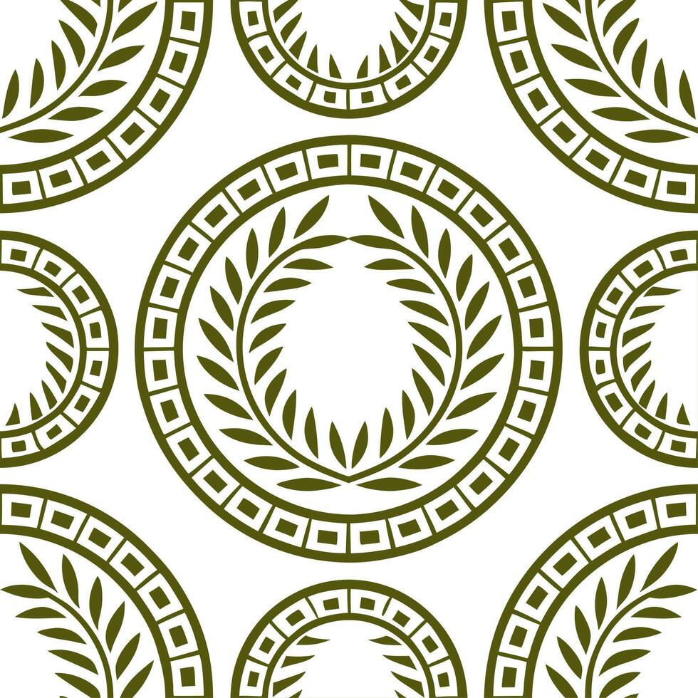 Greek meander and olive branch seamless tile pattern with classic white and green tones vector