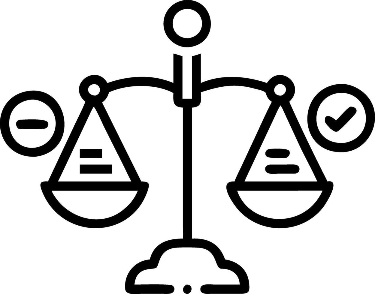 Glowing scale icon surrounded by compliance related symbols illustrating scales of justice in compliance management vector