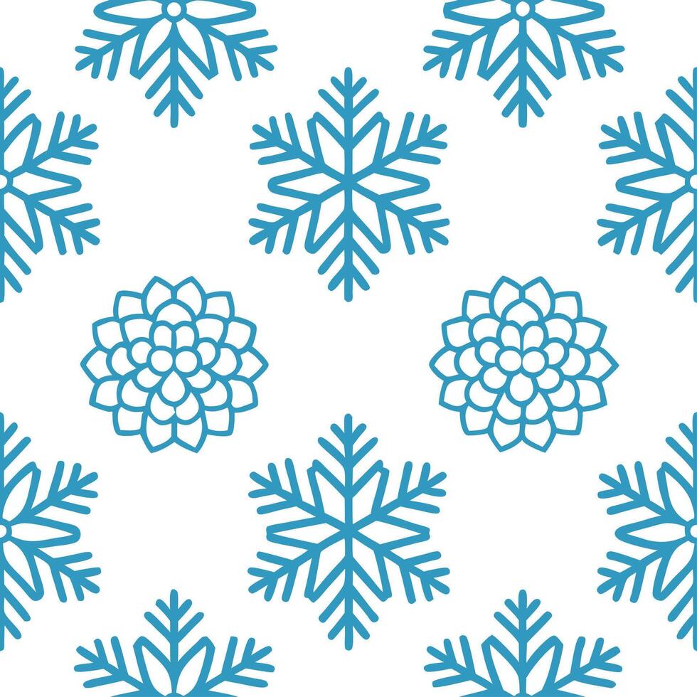 Frosty snowflake and pinecone seamless tile pattern with cool blue and white hues vector