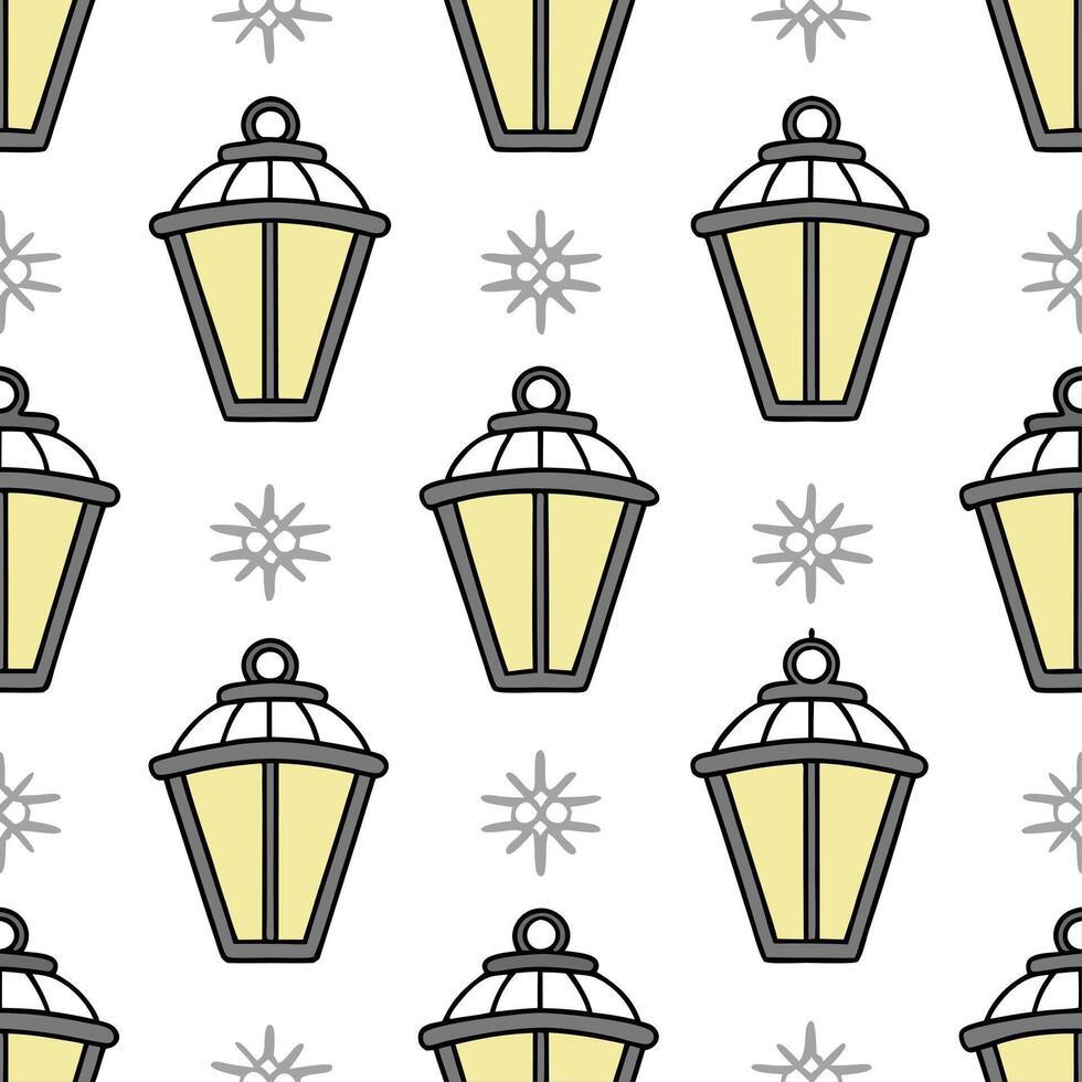 Frosty snowflake and lantern seamless tile pattern with glowing winter elements vector