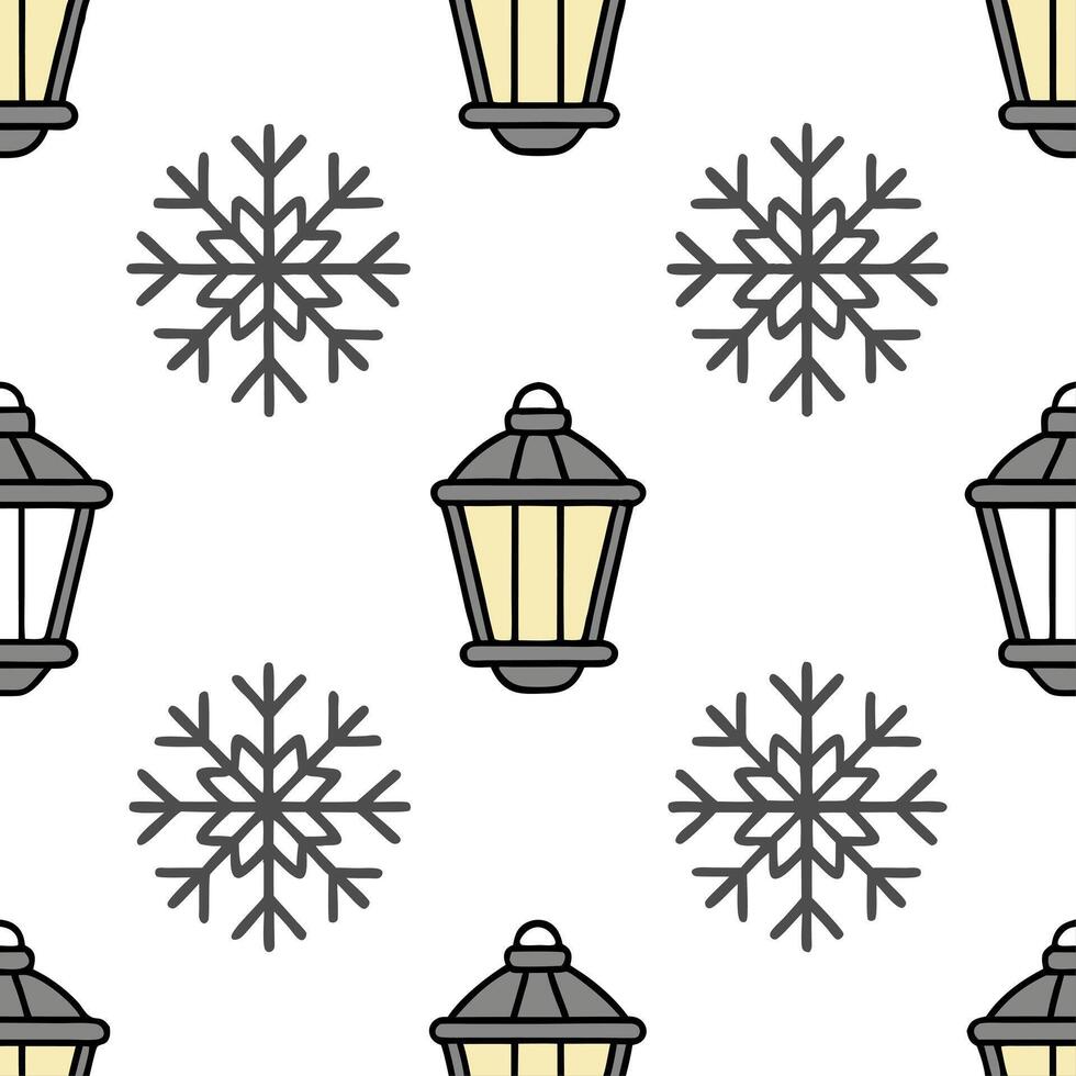 Frosty snowflake and lantern seamless tile pattern with glowing winter elements Set 2 vector
