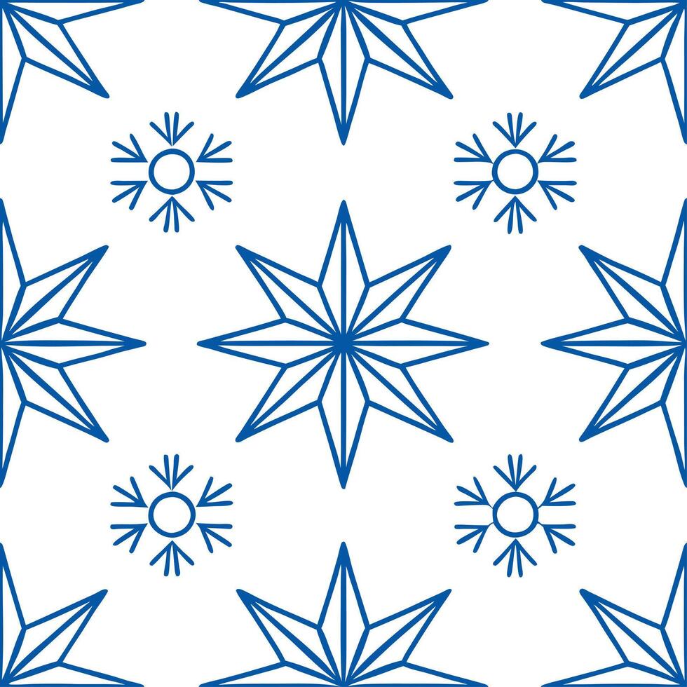 Frosty snowflake and holiday star seamless tile pattern with glowing winter accents vector