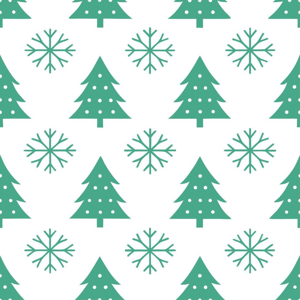 Frosty snowflake and Christmas tree seamless tile pattern with festive green and white tones vector