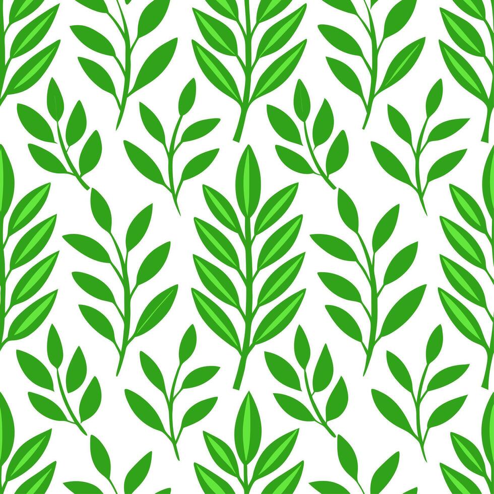 Fresh spring greenery seamless tile pattern featuring vibrant green leaves ferns and tender shoots vector