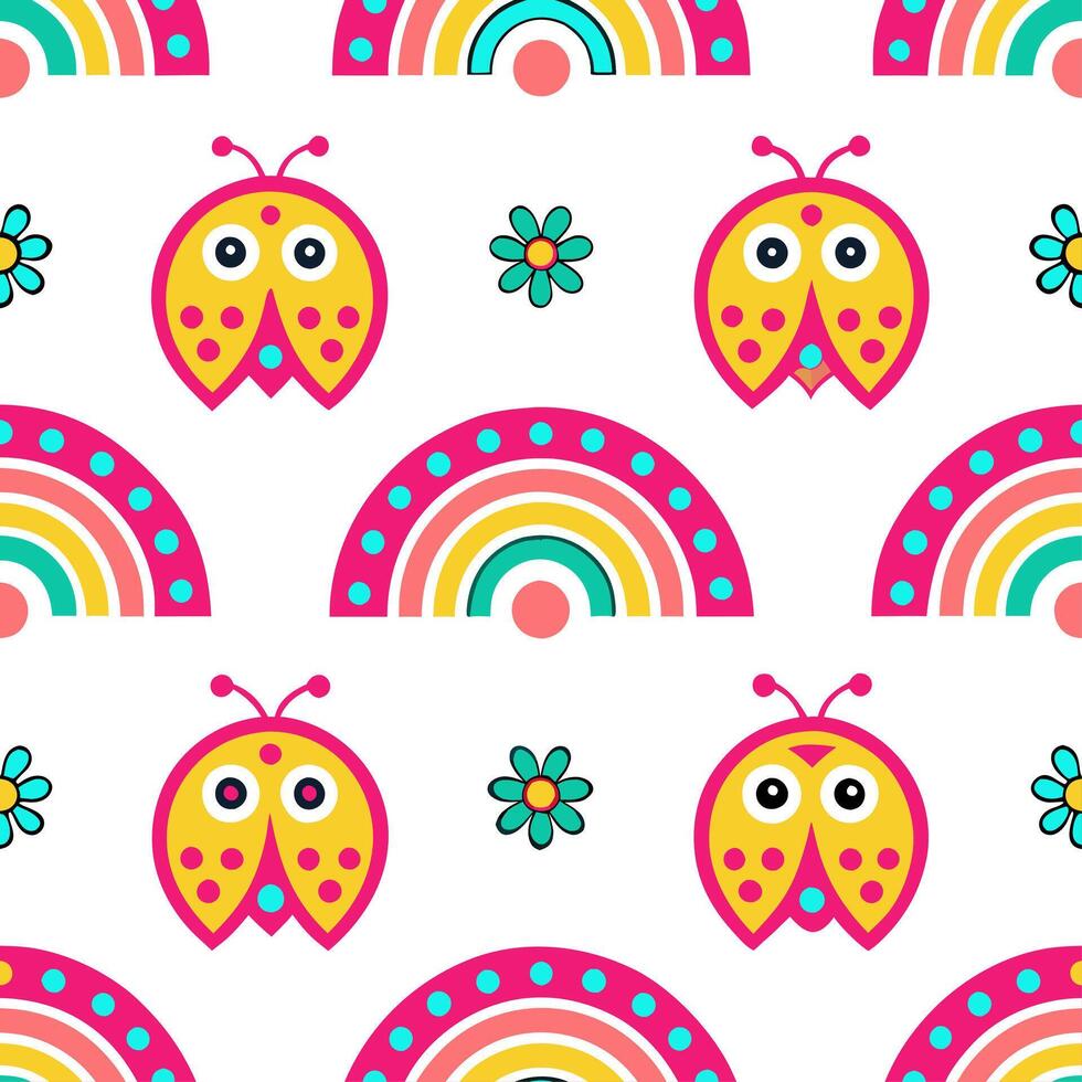 Folk art seamless pattern with whimsical creatures and bright colors for a fun playful ethnic design vector