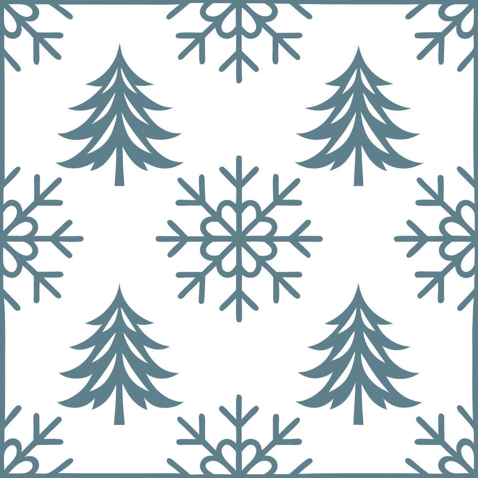 Elegant snowflake and tree silhouette seamless tile pattern with frosty winter forest vector