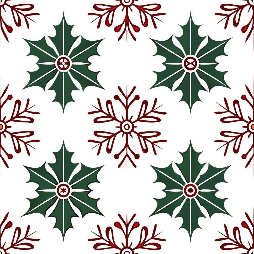 Elegant snowflake and holly leaf seamless tile pattern with rich red and green tones vector