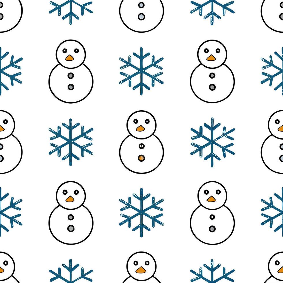 Elegant snowflake and snowman seamless tile pattern with playful winter elements vector