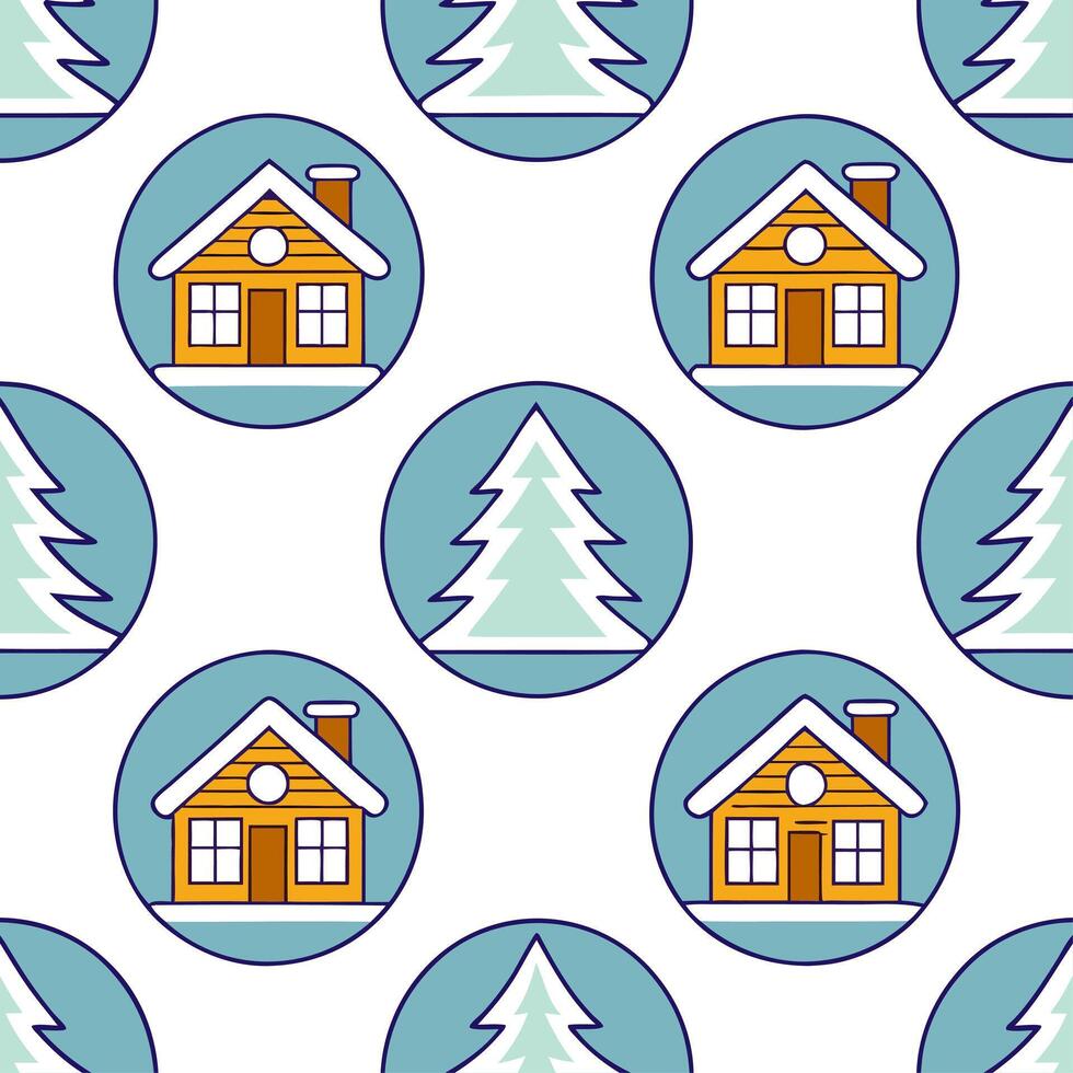Elegant snow covered cottages and pine trees seamless tile pattern with winter charm vector