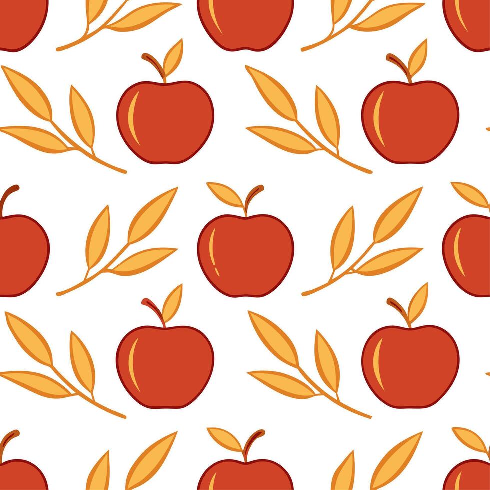 Elegant autumn harvest seamless pattern with bright red apples amber leaves and delicate branches for a refined fall design vector