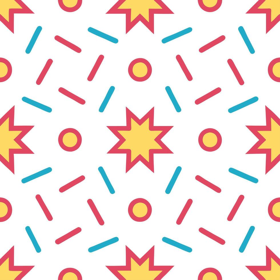 Design a seamless pattern featuring retro geometric shapes in bold contrasting colors for a vibrant 1980s aesthetic vector