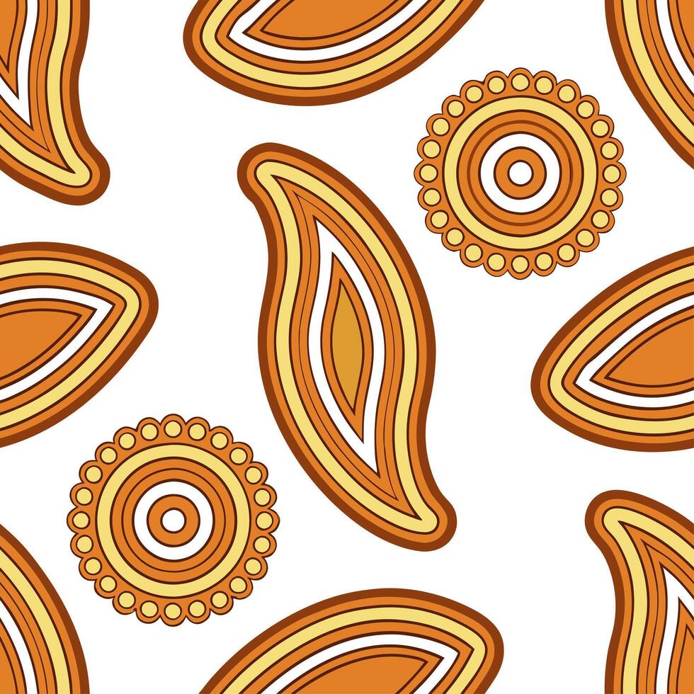 Design a seamless pattern with paisley motifs inspired by 1970s bohemian style in warm earthy colors vector