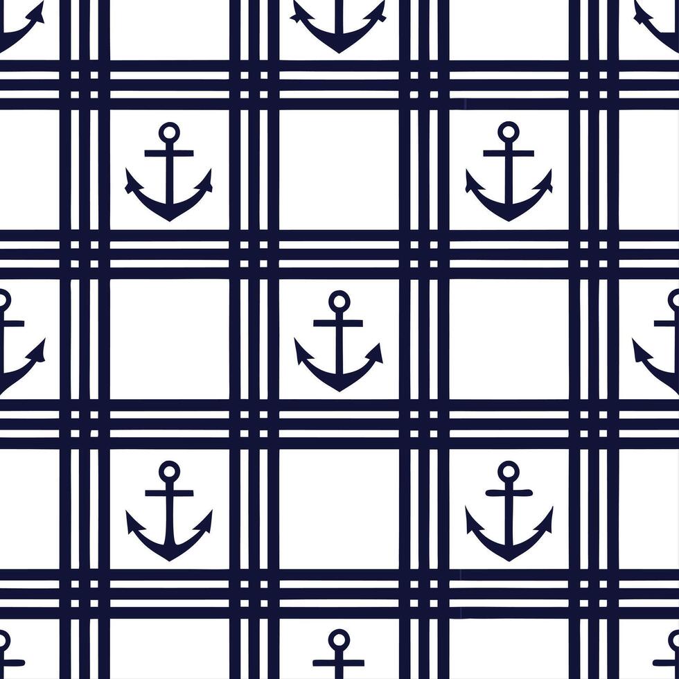 Create a seamless pattern featuring tartan motifs with nautical elements in navy and white vector