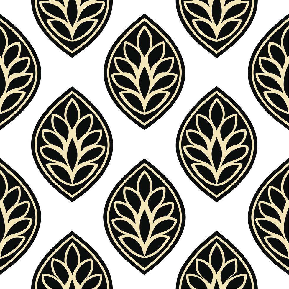 Create a seamless pattern featuring paisley motifs with Art Deco influences in black and gold vector