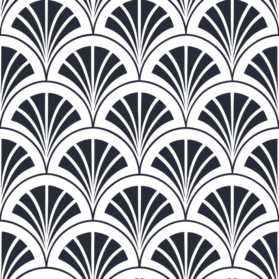Create a seamless pattern featuring fan shaped motifs with intricate detailing in silver and navy vector